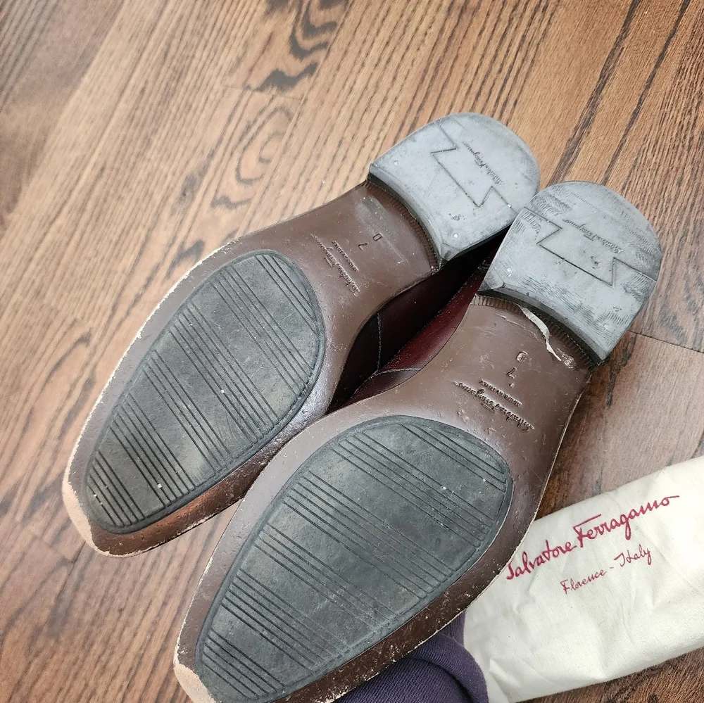 Salvatore Ferragamo Red Brown Leather Squared Toe Slip On Loafers Size 7